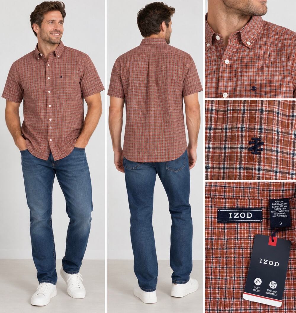 IZOD Men’s Small Bombay Orange Plaid Short Sleeve Button Down Shirt NWT